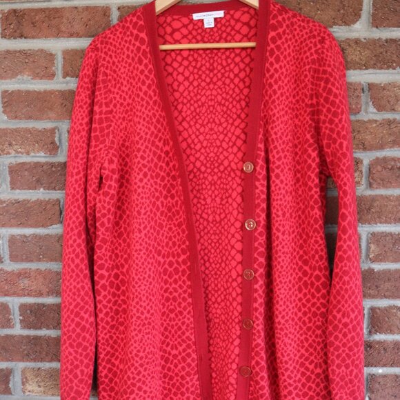 Isaac Mizrahi Live! Womens Long Button Down V Neck Red Reptile Cardigan Size L - Picture 2 of 14